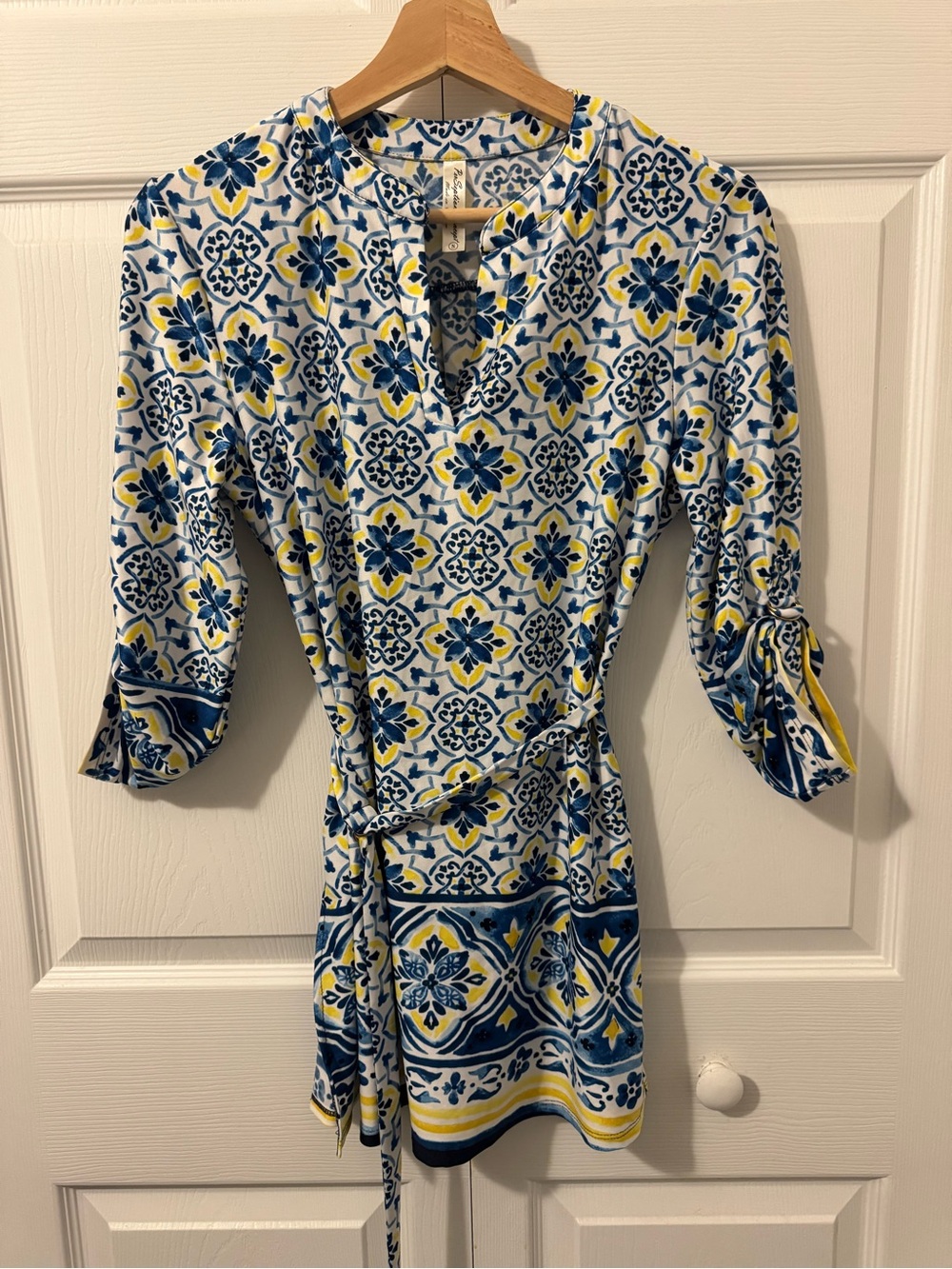 PerSeption Concept Blue & Yellow Tile-Print Tunic with belt